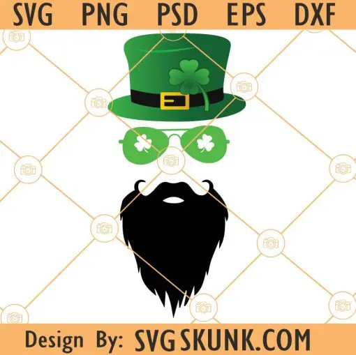 Man face with leprechaun hat and clover sunglasses svg