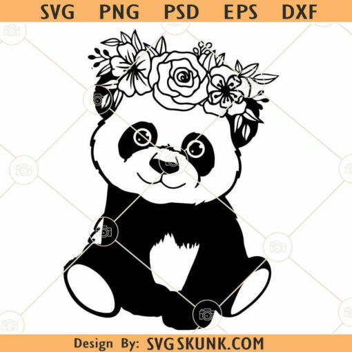 Baby Panda with flower crown SVG, Panda svg, Cute panda svg, Panda face svg