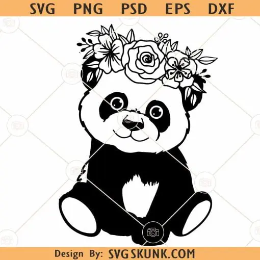 Baby Panda with flower crown SVG, Baby panda svg, floral baby panda svg