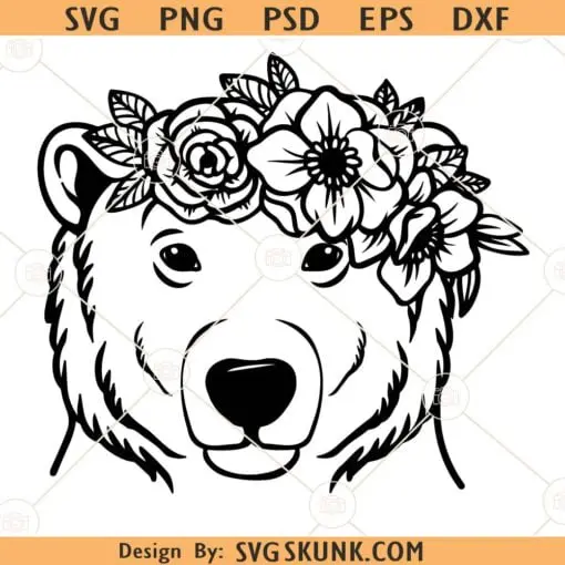 Bear head with flower crown SVG, Bear head with Floral crown SVG, Bear head with flowers SVG