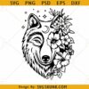 Wolf head with flowers SVG, floral wolf SVG, mandala wolf SVG