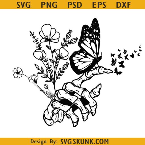 Skeleton hand butterflies SVG, floral skeleton hand svg, gothic skeleton hand svg