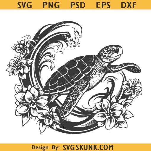 Floral sea turtle on wave SVG, Turtle with wave SVG, Floral Turtle wave svg, beach vibes svg