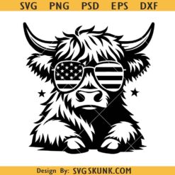 Highland cow with flag sunglasses svg, patriotic cow svg, 4th of July cow svg