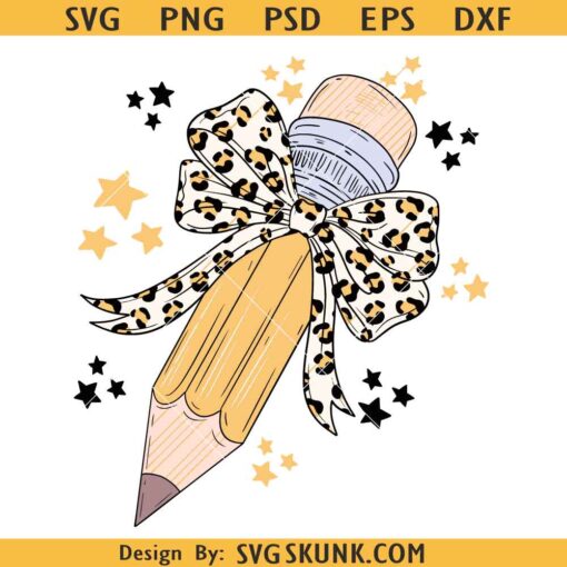 Leopard teacher pencil coquette svg, leopard bow teacher svg, leopard print teacher svg