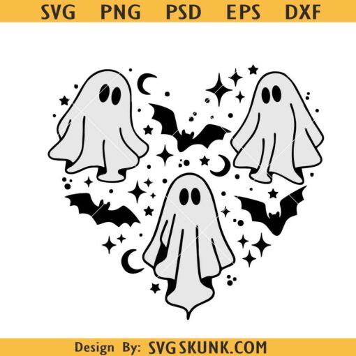 Halloween Ghost Heart SVG, Kids Halloween svg, ghost heart SVG, cute ghost svg