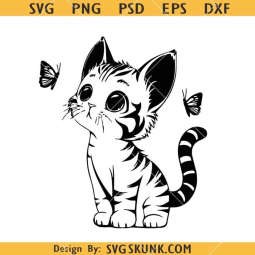 Kitten Playing Butterfly Svg, Cat with butterfly SVG, Cat SVG Files, Kitten Playing SVG   
