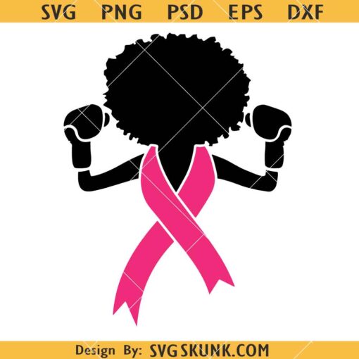 Afro woman boxer Cancer ribbon SVG, Fight Cancer SVG, Afro Lady SVG, Breast Cancer SVG      