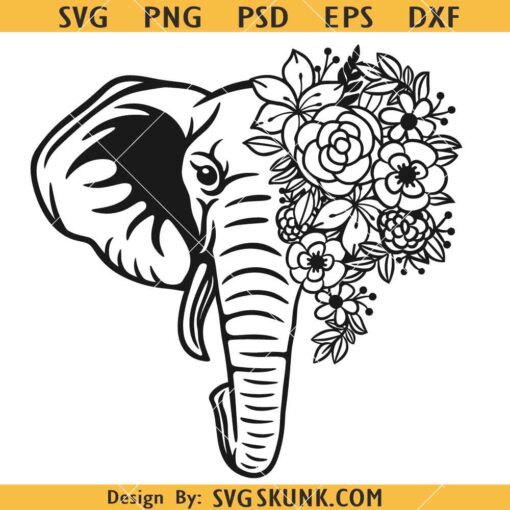 Elephant head with flowers SVG, Animal Face SVG, Floral Elephant SVG, Elephant with Flowers SVG