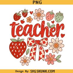 Preppy Teacher Strawberry Glitter Png, Cute Strawberry Floral Teacher Png, Preppy Teacher Design