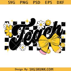 Teach Checkered Coquette Bow Design, teach coquette bow png, Teacher Floral png, Teacher groovy png