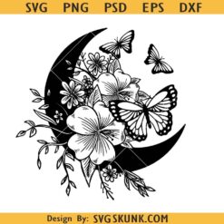 Floral moon butterflies SVG, Floral Moon with Butterfly svg, moon and butterflies wall art png