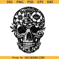 Floral skull cut files, Floral Skull Svg, Skull with Flowers Svg, Sugar Skull Png