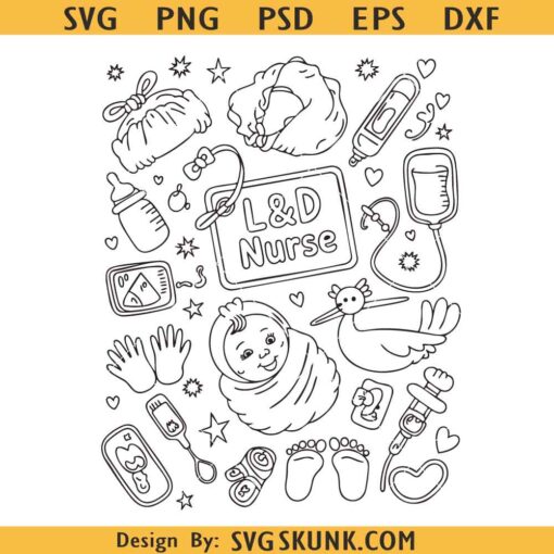 Labor and Delivery Nurse Doodles PNG, L&D nurse sublimation, L and D png download, nurse shirt design