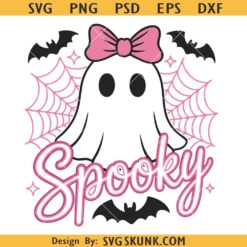 Cute Halloween Ghost with Pink Bow SVG, Spooky kids Halloween svg, Kawaii Halloween PNG