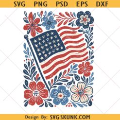 American Flag Floral SVG PNG, Folk Art Patriotic Shirt, Wildflower Red White Blue Botanical svg png
