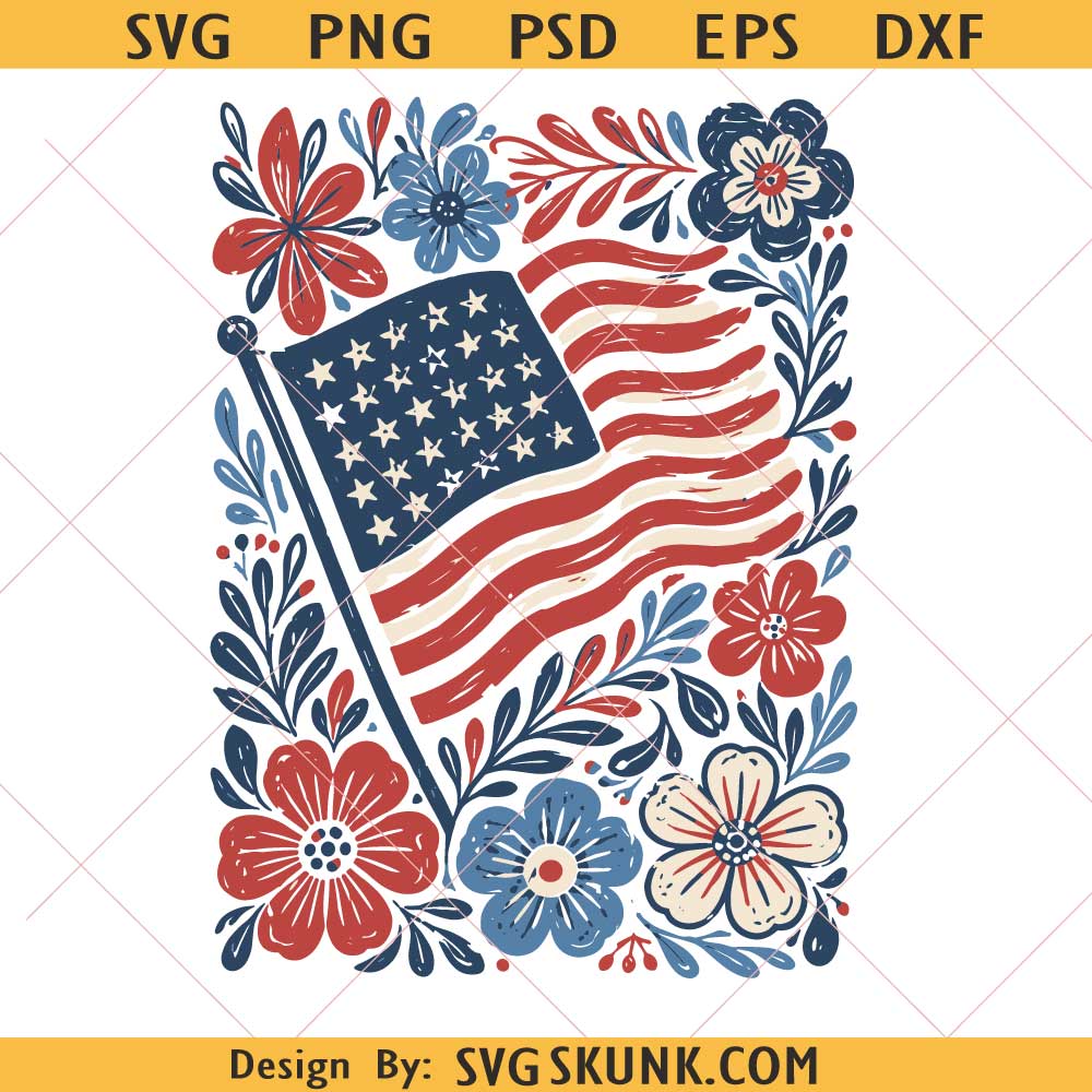 American Flag Floral SVG PNG American Flag Floral SVG PNG, Folk Art Patriotic Shirt, Wildflower Red White Blue Botanical svg png