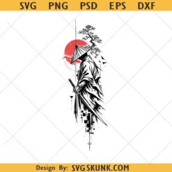 Samurai Tattoo Design PNG SVG, Japanese Warrior Art, Red Sun SVG