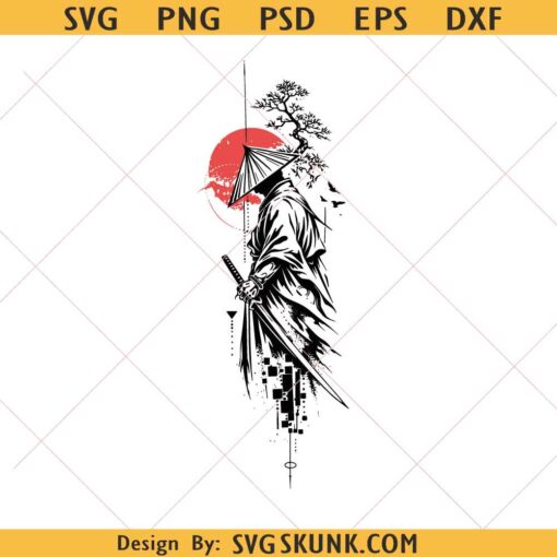Samurai Tattoo Design PNG SVG, Japanese Warrior Art, Red Sun SVG