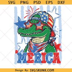 Striped 4th of July Alligator Boy PNG, funny Patriotic ‘Merica Alligator Shirt Design, USA Red White Blue PNG