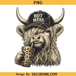 Hot Mess Highland Cow PNG, Highland Cow Coffee PNG, Western Cowgirl Sublimation