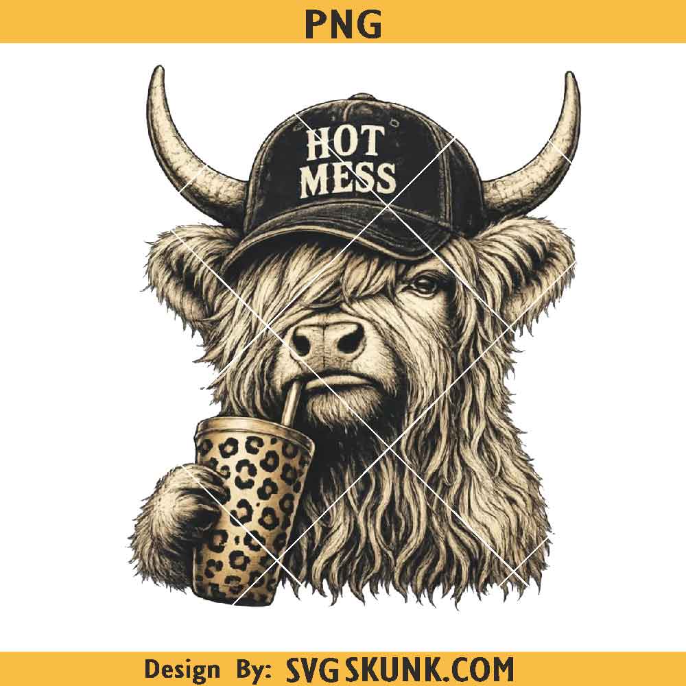 Hot Mess Highland Cow PNG, Highland Cow Coffee PNG, Western Cowgirl Sublimation