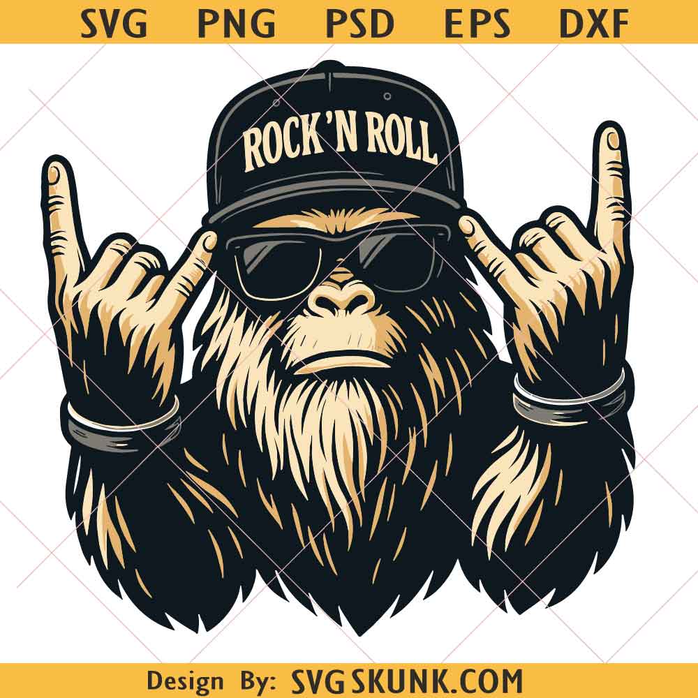 Rock N Roll Bigfoot Png svg Rock N Roll Bigfoot Png svg, Funny Sasquatch Rocker Png, Bigfoot Hand Sign svg, Music Lover Bigfoot svg