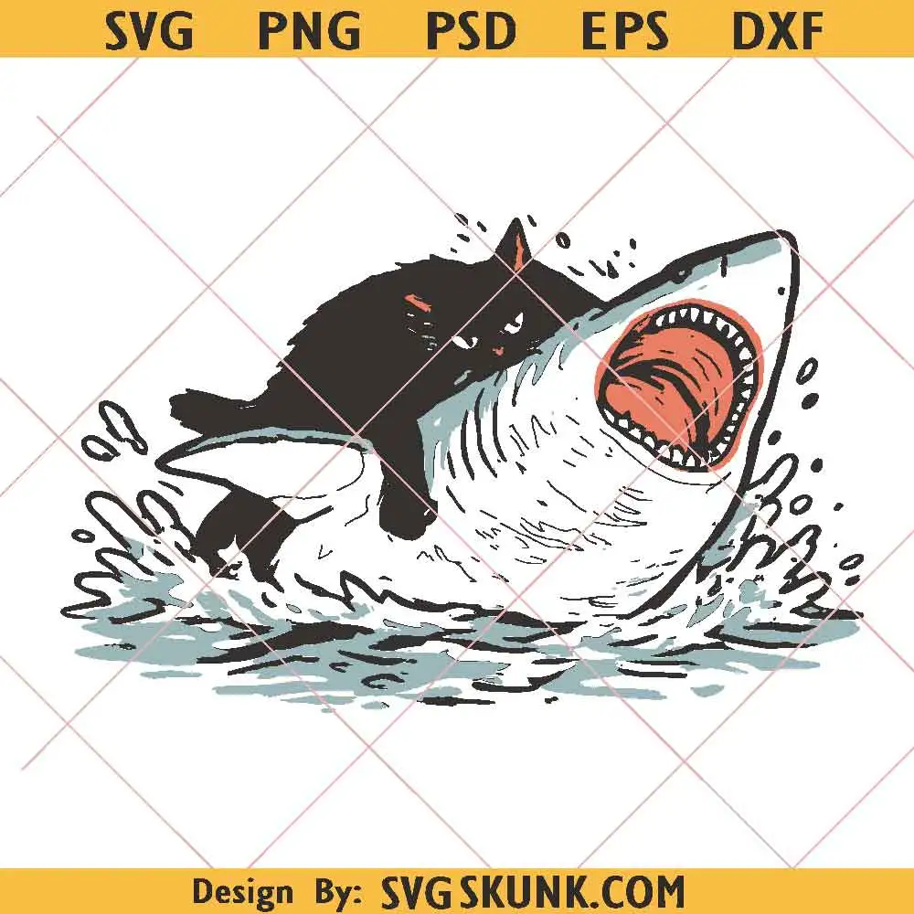 Cat Riding Shark PNG, Black Cat Summer Tshirt Design, Black Cat Summer PNG