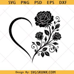 Floral Heart svg png, Black Rose Silhouette, Rose heart svg