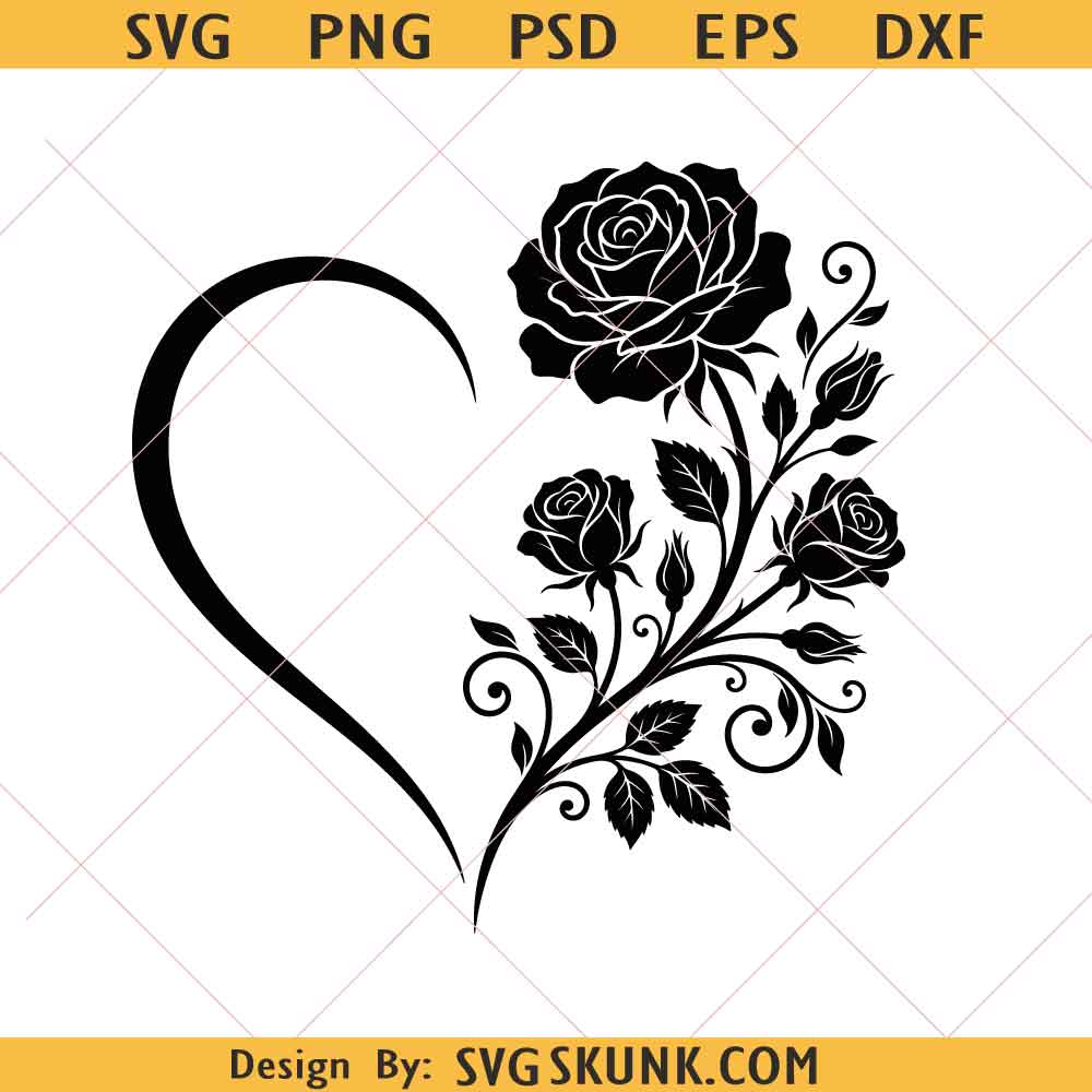 Floral Heart svg png, Black Rose Silhouette, Rose heart svg