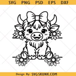 Highland cow with flowers svg, baby highland cow svg, highland cow with bow svg