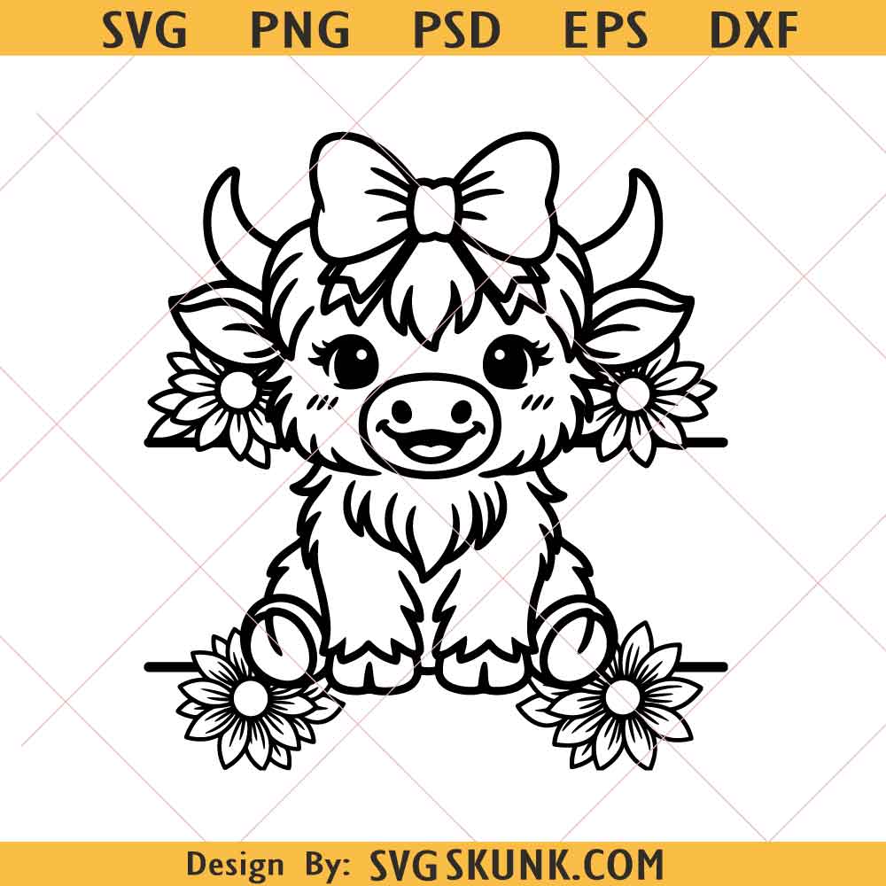 Highland cow with flowers svg, baby highland cow svg, highland cow with bow svg