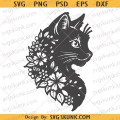 Floral Cat svg png, cat with flowers svg png, cat lover svg, cat silhouette svg