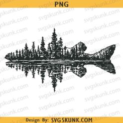 Forest Fish Silhouette With Mountain Lake Reflection PNG, summer Fishing svg