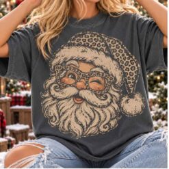 Leopard print Santa shirt, Winking Santa Claus shirt, Retro Christmas comfort colors shirt