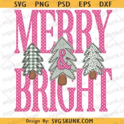 Merry and Bright Christmas Trees Png, Preppy Pink Polka Dot Christmas png, Preppy Merry Christmas Png