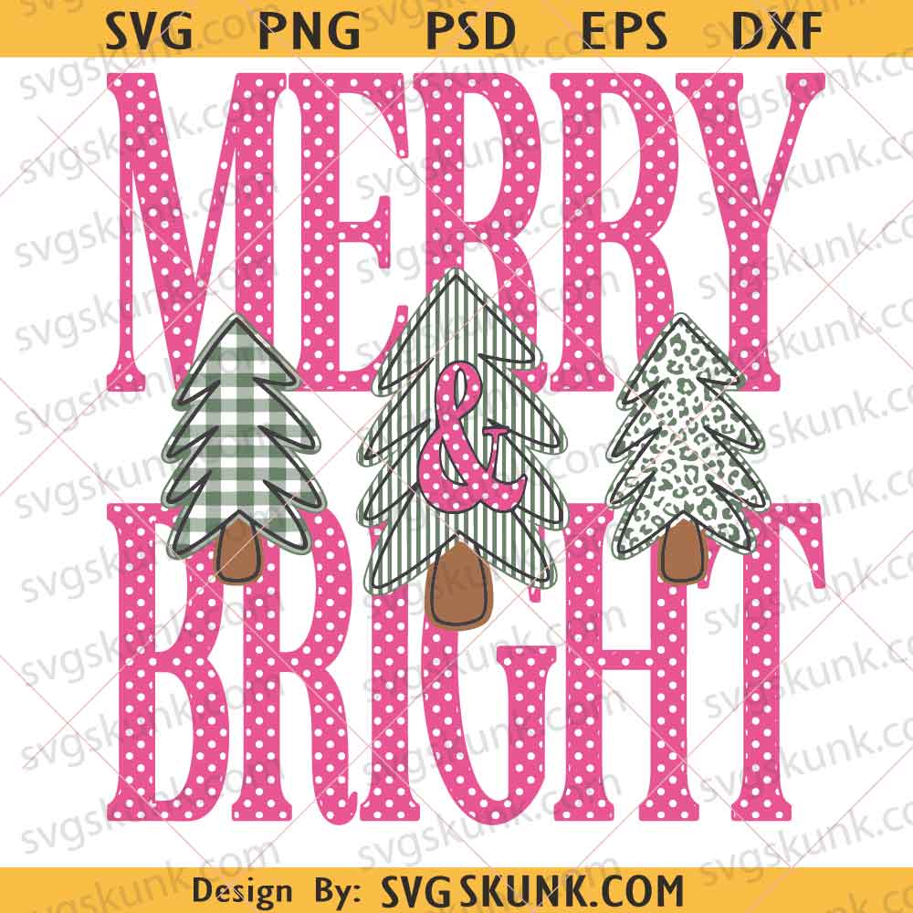 Merry and Bright Christmas Trees Png, Preppy Pink Polka Dot Christmas png, Preppy Merry Christmas Png