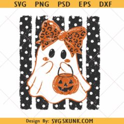 Preppy Halloween Ghost Polka Dots Png, Spooky Season Png, Cute Ghost with Pumpkin Png