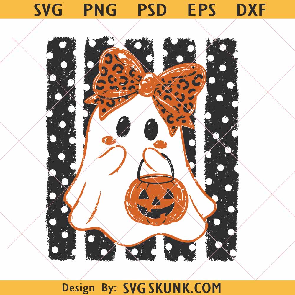 Preppy Halloween Ghost Polka Dots Png, Spooky Season Png, Cute Ghost with Pumpkin Png
