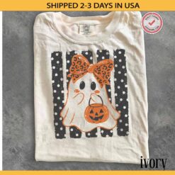 Preppy Halloween Ghost Polka Dots shirt, Spooky Season shirt, Ghost with Pumpkin shirt - Comfort colors - Image 3