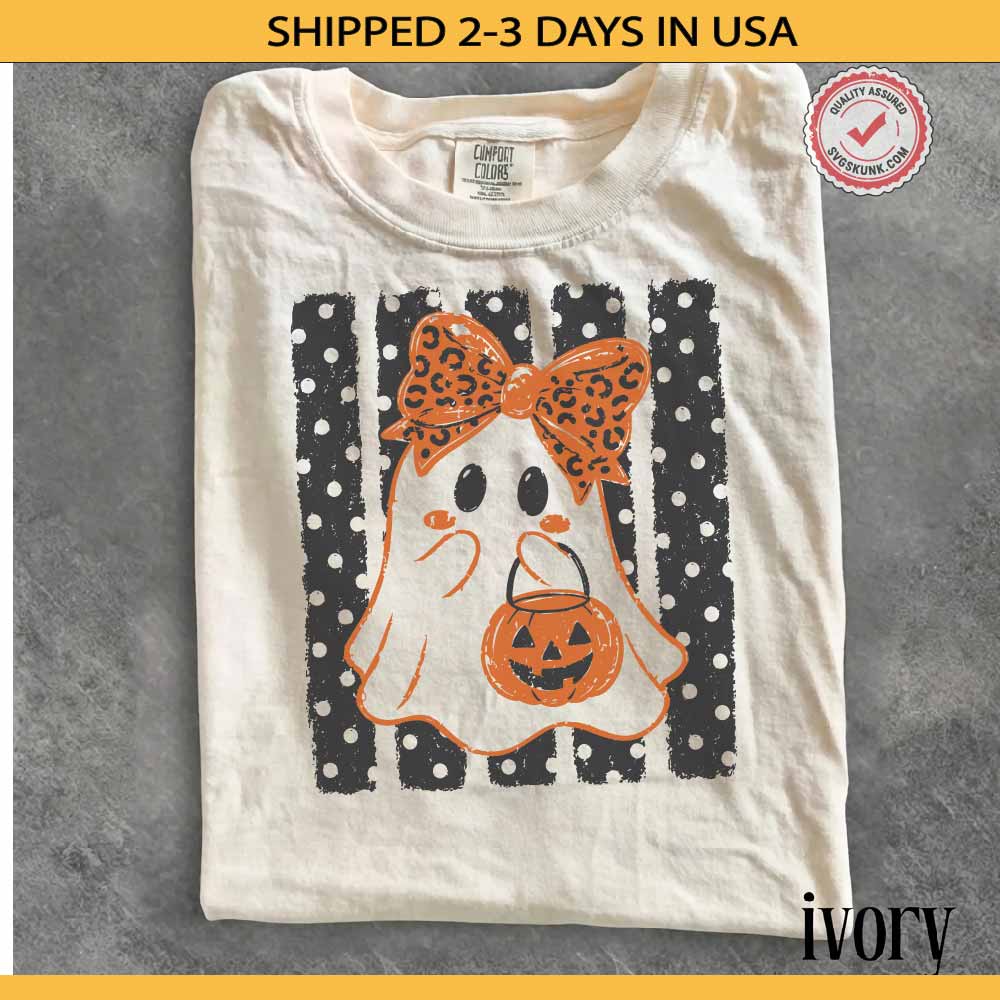 Preppy Halloween Ghost Polka Dots shirt, Spooky Season shirt, Ghost with Pumpkin shirt - Comfort colors - Image 3