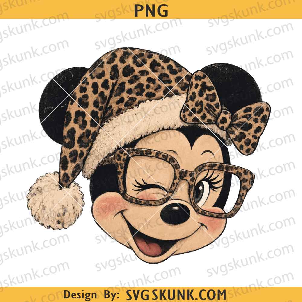 Vintage Minnie Mouse Christmas PNG, Minnie Mouse Leopard print PNG, Leopard Santa Hat PNG